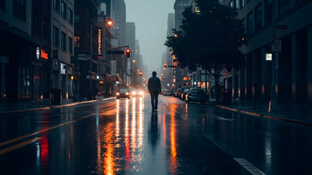 A lone man walks away down a wet city street at night illuminated by streetlights and neon signs reflecting on the rainy pavement. The moody urban scene captures a sense of solitude and city life.の素材