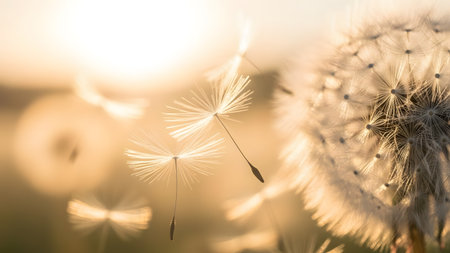 A macro photo captures two delicate dandelion seed pappus structures floating away from a large, sunlit seed head in the foreground, silhouetted against a dreamy, golden bokeh background. The image evokes concepts of lightness, freedom, wishes, and the gentle dispersal of life.の素材
