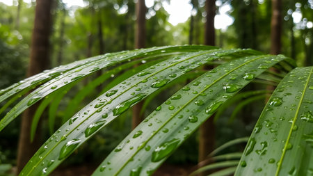 A macro close-up captures a bright green tropical palm frond segment covered with large, clear water droplets from rain or dew. The background is a blurred, dark green forest with vertical tree trunks, highlighting the freshness and lushness of the jungle.の素材