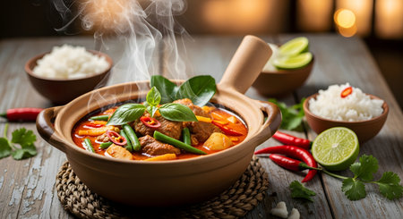 A steaming, vibrant red Thai curry (Gaeng Phed or similar) with chunks of beef, green beans, and potatoes is served in a traditional clay pot bowl, garnished with basil leaves and chili. Bowls of rice and lime wedges are set on the rustic wooden table, emphasizing a spicy, authentic meal.の素材