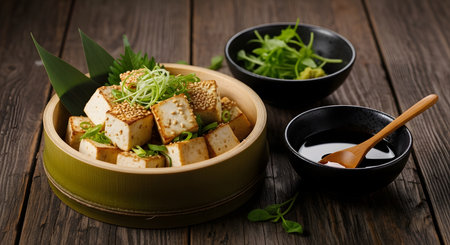 A dish of lightly fried **Agedashi Tofu** is presented in a traditional bamboo bowl, garnished with sliced scallions and sesame seeds. The Japanese appetizer is served alongside a small bowl of dark soy-based dipping sauce and a bowl of fresh greens on a rustic wooden table.の素材