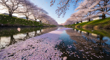 A breathtaking view of cherry blossom trees lining a river bank, with pink sakura petals floating on the water surface. The scene captures the peak of spring beauty in Japan.の素材