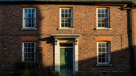 A classic red brick townhouse facade features a central green door and symmetrical sash windows. The warm sunlight casts angular shadows across the building, highlighting the traditional English or urban architecture.の素材