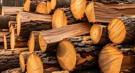 A pile of freshly cut wood logs showing the natural grain and texture of the timber ends. The stack represents forestry, renewable resource, or rustic building materials warmed by sunlight.の素材