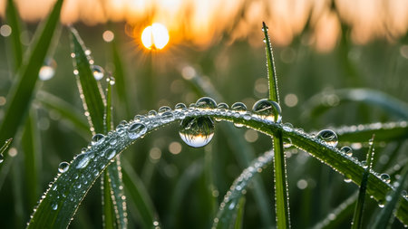 A macro shot of fresh morning dew drops clinging to a blade of green grass. The water droplets reflect the golden sunrise, creating a sparkling and serene natural composition in a meadow.の素材