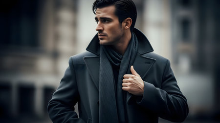 A handsome man models a stylish grey wool coat and matching scarf, looking away with a serious expression. The blurred urban background emphasizes the modern, cinematic winter fashion aesthetic.の素材
