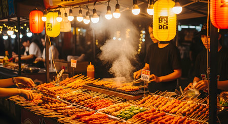 A vibrant street food stall at a night market features rows of grilled skewers and satay under warm hanging lanterns. Vendors are busy preparing food while customers browse the delicious selection in a lively atmosphere.の素材