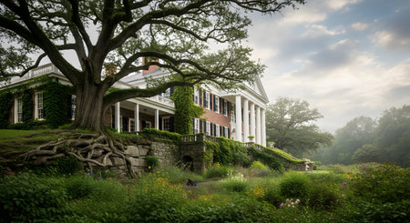 A magnificent historic antebellum mansion featuring white columns and brick architecture, framed by a massive ancient oak tree with sprawling exposed roots. The lush garden setting and soft lighting evoke a sense of history and grandeur.の素材
