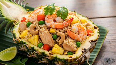 A colorful and appetizing dish of pineapple fried rice with large shrimp is presented inside a hollowed-out pineapple boat. The meal is garnished with cashew nuts, green peas, diced carrots, and fresh cilantro, resting on a green banana leaf background.の素材