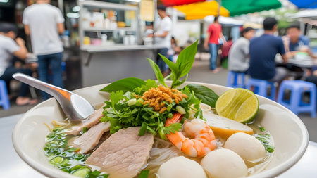 A bowl of Vietnamese Há»§ Tiáº¿u (noodle soup) is richly topped with shrimp, sliced pork, fish balls, and fresh herbs like cilantro and mint, and garnished with fried garlic. The dish is being eaten at a lively, blurred Southeast Asian street food market, highlighting a traditional and flavorful meal.の素材