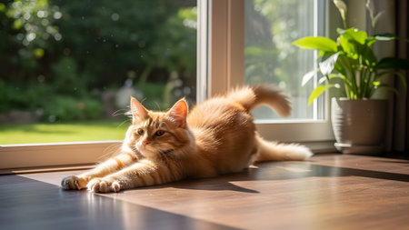 A fluffy orange cat stretching elegantly on a wooden floor bathed in warm sunlight near a window. The cozy and relaxed pet portrait captures a peaceful afternoon moment at home.の素材
