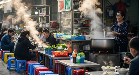 A smiling street food vendor cooking a large pot of Pho noodle soup at a busy outdoor stall. Steam rises from the broth, capturing the vibrant and authentic culinary culture of Vietnam.の素材