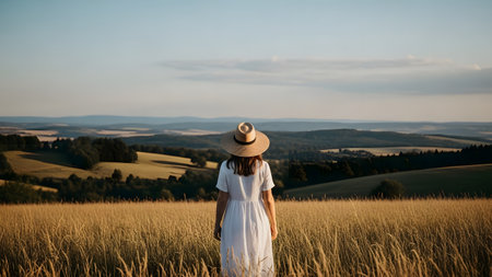 A woman wearing a white dress and a straw hat stands facing away, looking out over a vast, golden field of tall grass and rolling hills under a soft, twilight sky. The scene conveys a sense of freedom, contemplation, and the expansive beauty of the countryside during the late afternoon or early evening.の素材