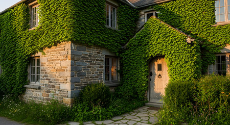 A charming stone cottage with a wooden door is almost completely covered in thick green ivy, bathed in the warm glow of sunset. The rustic architecture and overgrown foliage create a storybook, fairytale atmosphere in a quiet rural setting.の素材