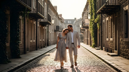 A romantic couple walks hand-in-hand down a charming cobblestone street lined with historic buildings. The woman leans affectionately on the man's shoulder as the golden hour sunlight bathes the scene in a warm, loving glow.の素材