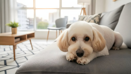 An adorable white puppy with fluffy fur resting its chin on paws on a gray sofa. The soft lighting and modern living room background highlight the pet's cute and innocent expression.の素材