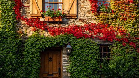 A charming rustic stone house facade covered in climbing ivy that transitions from green to vibrant red autumn leaves. Wooden shutters frame the windows, which are adorned with flower boxes, creating a cozy and picturesque cottage scene.の素材