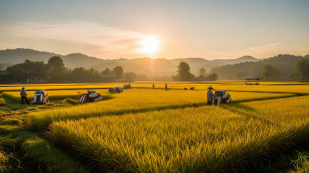 Farmers harvest golden rice in a vast paddy field illuminated by the setting sun. The landscape features rolling hills in the background, capturing the essence of agricultural life in Asia.の素材