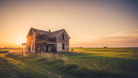 An abandoned, weathered wooden farmhouse stands alone in a grassy field, illuminated by the warm glow of a sunset. Overgrown vines climb the decaying structure, creating a scene that is both nostalgic and slightly eerie.の素材