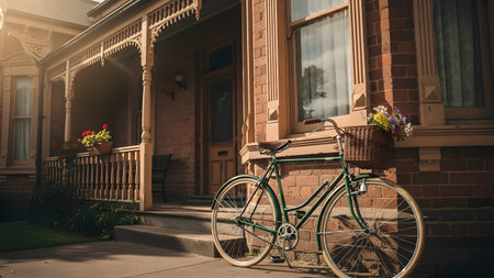 A vintage-style green bicycle with a wicker basket holding flowers is parked beside an old brick house. The afternoon sun casts a warm, nostalgic glow on the detailed brickwork and wooden porch.の素材