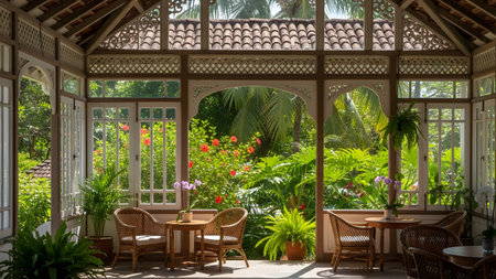 A spacious colonial-style sunroom features woven wicker furniture and large arched windows that open up to a lush tropical garden. The natural light and greenery create a serene and airy atmosphere perfect for relaxation.の素材