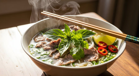 A steaming bowl of Vietnamese Pho features rice noodles, tender beef slices, and fresh herbs like basil and cilantro. Garnished with lime and red chilies, this authentic Asian noodle soup is ready to be enjoyed with chopsticks.の素材