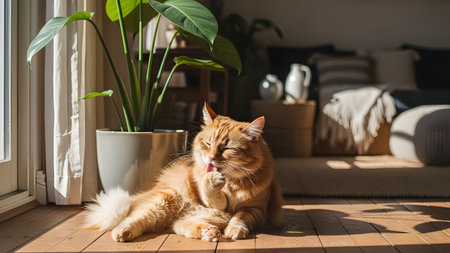 A cute ginger tabby cat sits on a wooden floor in a sunlit living room, diligently grooming its paw. The warm domestic scene includes a potted monstera plant and white curtains, creating a cozy atmosphere.の素材