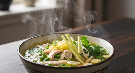 A steaming bowl of Vietnamese chicken noodle soup, richly garnished with shredded chicken, ginger, green onions, and fresh lemongrass stalks, is presented on a dark wooden table. The clear, aromatic broth and fresh ingredients highlight a flavorful and healthy Southeast Asian meal.の素材