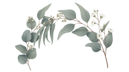 A delicate botanical illustration of a eucalyptus branch with green leaves and small white flowers on a white background. The watercolor-style design is elegant and perfect for nature-themed decor or stationery.の素材