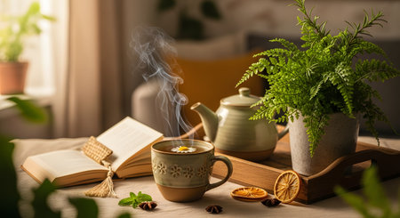 A steaming cup of herbal tea with a chamomile flower garnish sits next to an open book and a teapot on a wooden tray. Soft sunlight streams onto the table, highlighting the steam and creating a cozy, relaxing atmosphere perfect for reading.の素材