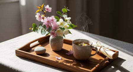 A wooden tray holds a steaming cup of tea and a vase of pink and white spring flowers, bathed in warm morning sunlight. A rolled scroll and smooth stone complete the peaceful and cozy still life arrangement.の素材