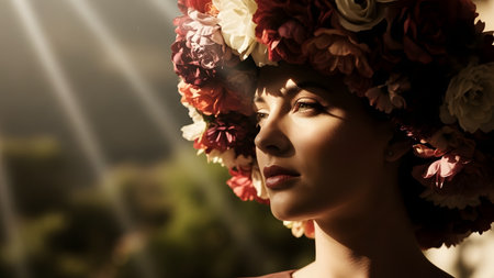 An artistic portrait of a beautiful woman wearing an elaborate headpiece made of colorful roses and flowers. Shadows play across her face in dramatic lighting, evoking a sense of mystery, elegance, and high fashion.の素材