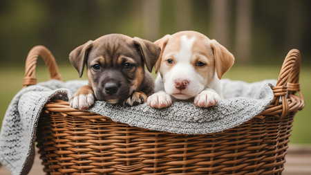 Two adorable puppies, one brown and one white with tan spots, sit together in a wicker basket lined with a grey knitted blanket. Their innocent expressions and the soft green background create a charming pet portrait.の素材