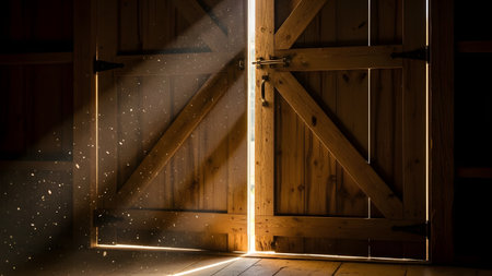 Sunlight streams through the opening of rustic wooden barn doors, illuminating floating dust particles in the air. The dark interior contrasts with the bright outdoor light, creating a mysterious and hopeful atmosphere.の素材