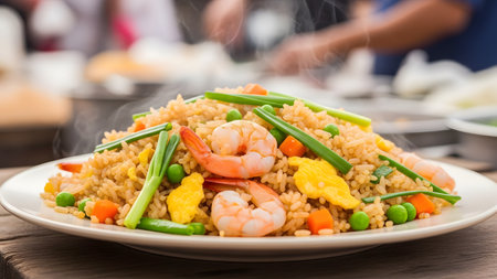 A plate of steaming hot fried rice is topped with succulent shrimp, green peas, carrots, and scrambled eggs. The dish is garnished with fresh green onions and lime, representing a delicious and classic Asian meal.の素材