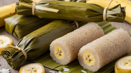 Traditional steamed sticky rice cakes filled with banana, known as Khao Tom Mat or similar Asian desserts. Wrapped in banana leaves and tied with bamboo strips, the sweet snack is displayed with fresh banana slices.の素材