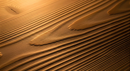 A detailed macro shot of natural wood grain texture illuminated by warm lighting. The sweeping ridges and organic lines of the timber create an abstract and rustic pattern suitable for backgrounds.の素材