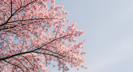Branches of vibrant pink cherry blossoms fully bloomed against a clear, bright blue sky. Petals gently float in the air, capturing the essence of spring, renewal, and the beauty of nature.の素材