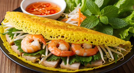 A close-up of a crispy yellow Vietnamese pancake, known as Banh Xeo, filled with shrimp, pork, and bean sprouts. The dish is presented on a black plate with fresh green herbs and a side of chili dipping sauce.の素材
