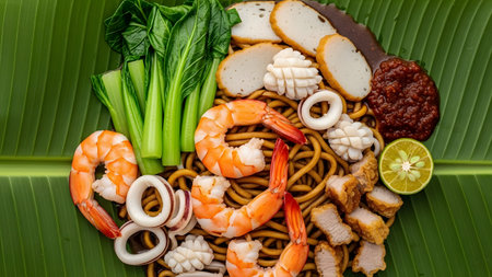 A vibrant, overhead flat lay of Hokkien Mee (fried noodles) featuring thick yellow noodles, large shrimp, squid rings, fish cake slices, and bok choy, all plated on a large banana leaf. The dish is complete with crispy pork belly pieces, a lime wedge, and a side of sambal chili paste.の素材