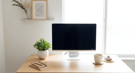 A minimalist workspace features a computer monitor with a blank black screen, perfect for mockups. Set on a light wooden desk with a small plant and coffee cup, the scene is bright, clean, and modern.の素材