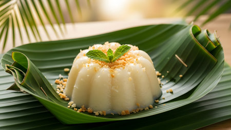 A white coconut milk pudding dessert, likely Maja Blanca, topped with toasted crumbs and a fresh mint sprig. It is presented on a green banana leaf, highlighting a traditional tropical Asian sweet treat.の素材
