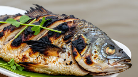 A close-up of a perfectly grilled whole fish (possibly tilapia or snapper) served on a white plate with a garnish of fresh green pea shoots. The fish has a crispy, charred skin and moist, white flesh, set against a blurred background of water, suggesting an outdoor or waterside dining experience.の素材