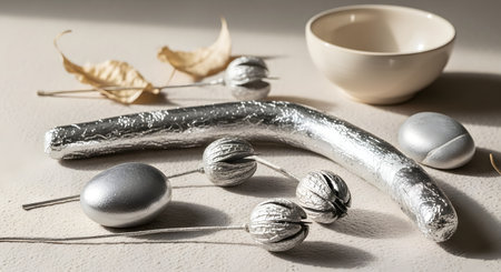 A highly stylized still life composition features a curved object and several natural nuts and smooth stones, all painted in reflective silver, arranged on a textured beige surface. The arrangement, which includes dry autumn leaves and a plain ceramic bowl, focuses on abstract shapes, metallic texture, and contemporary home decor.の素材