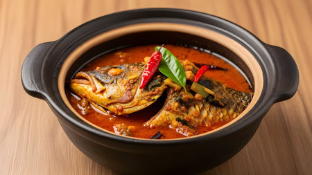 A rich and spicy Kerala-style fish curry (Meen Curry) is served in a traditional black clay pot, featuring whole pieces of fish simmered in a red, tangy sauce, garnished with fresh chili and herbs. The intense color and steam highlight this authentic South Indian seafood delicacy.の素材
