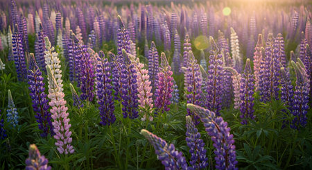 A vast meadow filled with blooming purple lupine flowers stretching towards the horizon. The warm, golden light of the setting sun illuminates the field, creating a breathtaking rural landscape.の素材