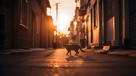 A silhouette of a cat walking across a paved street during the golden hour, backlit by the warm sunset sun. The urban setting creates a moody and atmospheric scene with long shadows.の素材