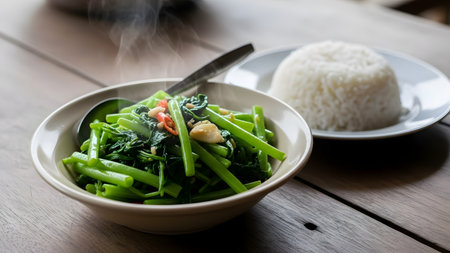 A steaming bowl of Thai stir-fried water spinach (Pad Pak Boong Fai Daeng) with chili and garlic is presented on a wooden table, next to a separate plate of white steamed rice. This simple yet flavorful vegetable dish is a popular side in Southeast Asian cuisine, emphasizing fresh ingredients and quick cooking.の素材