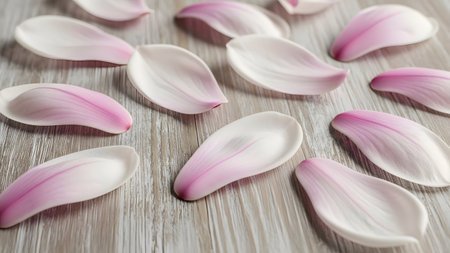 Delicate pink and white magnolia petals are scattered artfully across a textured light wooden background. The soft colors and natural texture convey themes of spring, gentle beauty, floral fragility, and a romantic atmosphere.の素材