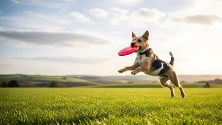 A scruffy terrier-type dog is captured mid-air, joyfully leaping to catch a red frisbee in its mouth in a wide green field. The dynamic action shot is taken during sunset, with the dog silhouetted against the warm, bright sky and rolling hills.の素材